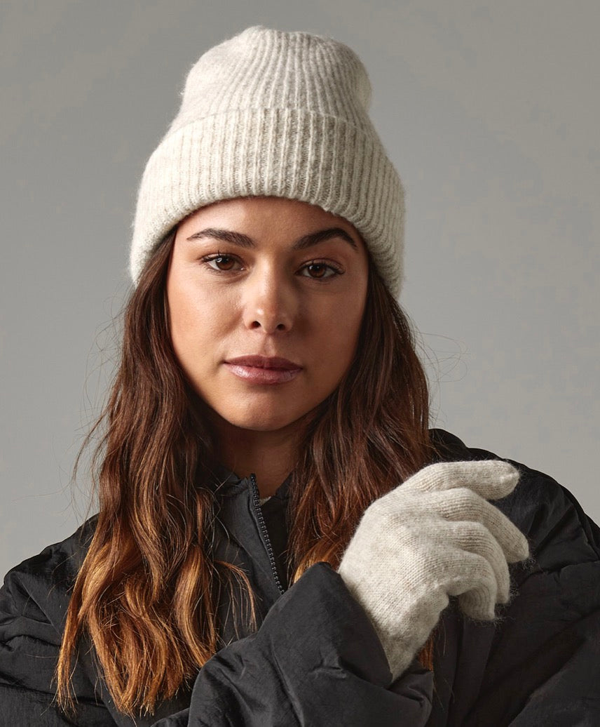 Almond Cosy Ribbed Cuff Beanie Hat & Gloves Set