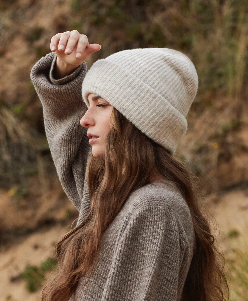 Almond Cosy Ribbed Cuff Beanie Hat & Gloves Set