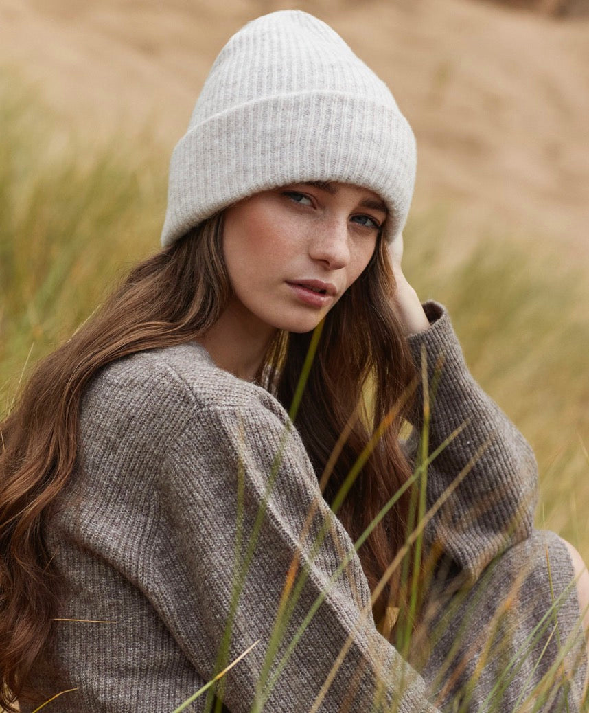 Almond Cosy Ribbed Cuff Beanie Hat & Gloves Set